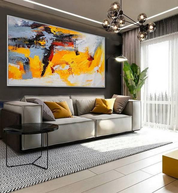 White Handmade Painting Gray Yellow Abstract Canvas Wall Art 6JDWJ